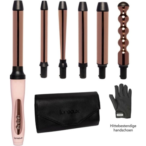 Loreaux 5 in 1 Krultang set met Opzetstukken - 13 tot 32mm - Titanium - Incl. Handschoen en Leren Opbergetui - 140/230°C - 10 temperaturen - curling iron