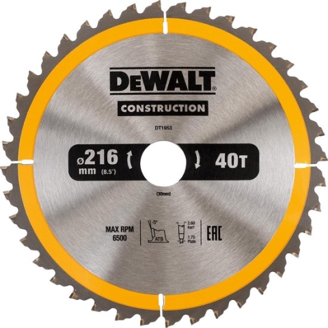 DeWALT Cirkelzaagblad voor Hout | Construction | Ø 216mm Asgat 30mm 40T - DT1953-QZ