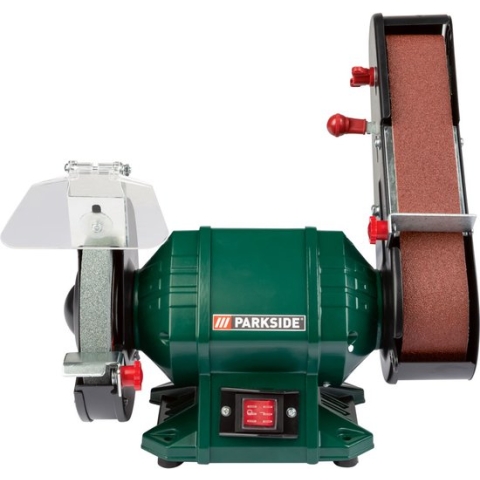 PARKSIDE Staande bandschuur- en slijpmachine - Slijp-/schuuroppervlak: Ø150 mm / 50 x 686 mm - Snelheid: 23 m/sec. (schuurschijf) of 15 m/sec. (schuurband) - Vermogen: 240 W - Toerental: 2980 min-¹ - Ideaal om metaal, hout en kunststof te bewerken
