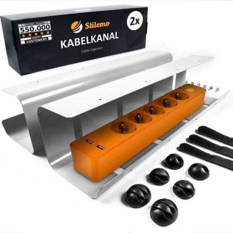Stilemo Kabelgoot Bureau 2 Delig - Cable Management - Kabelhouder 43 CM - Kabelbox - Kabel Organiser 5 KG Draagkracht - Opberbox Stekkerdoos - Grijs - Incl. Accessoires