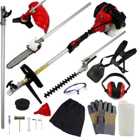 T-Mech 5-in-1 Multitool voor de Tuin - Heggenschaar, Kettingzaag, Grasmaaier, Borstelsnijder, Verlengstok - Draadloos - Krachtige 52cc 2-takt Benzine Motor