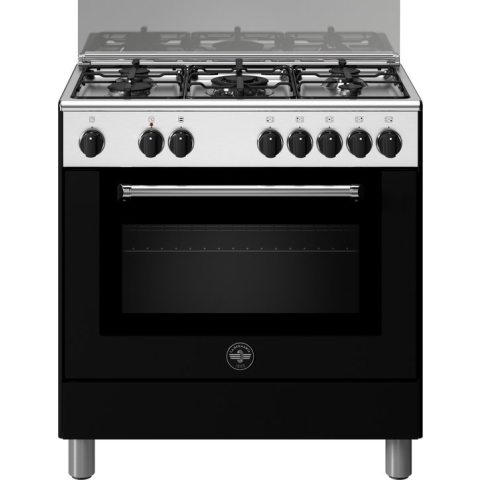 La Germania AM85C61DNT Fornuis 80 cm. 5-pits gas met wok. Zwart met RVS.