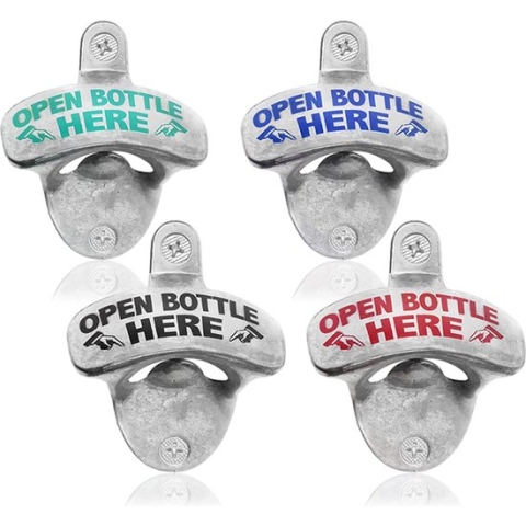 4 metalen wandflesopeners met opdruk in verschillende kleuren, bieropener met wandmontage, 8 x 6,5 cm (Open Bottle Here - 04 stuks)