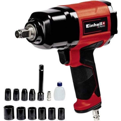 Einhell Pneumatische Slagmoersleutel TC-PW 610 (610 Nm - anti-slip rubberen handgreep - linskloop en rechtsloop - incl. 10 dopsleutels - 1x 125 mm verlenging)