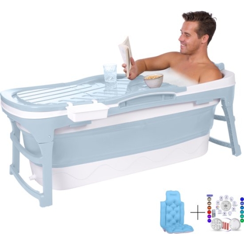 HelloBath® Opvouwbaar Zitbad - 143cm lang - Bath Bucket - 200L - Oliver Blauw - Extra lang - Incl. Badkussen, Onderwaterlamp & Opberghoes