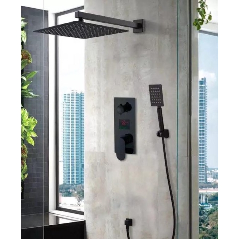 Regendouche - Regendouche set zwart - doucheset zwart - Mat zwart - Regendouche zwart - Digitale scherm - Thermostaat kraan - met Handdouche - Inbouw - Zeer goede kwaliteit - 30 x 30cm vierkant kop - Design - zonder kraan