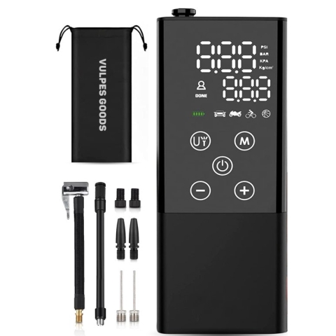 Vulpes Goods® Tech - LuchtCompressor met Touchscreen - 6-in-1 Bandenpomp - Elektrische Fietspomp - Draagbare Ballenpomp - Elektrische Compressor met 7 opzetstukken, Zaklamp & reistas - Incl. E-BOOK - MAX Versie