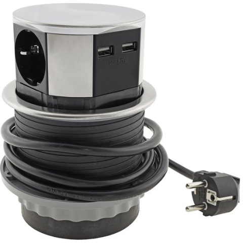 Verticale Stekkerdoos met USB - Pop up stekkerblok met 3 stopcontacten en 2 USB - Ø 100mm Inbouw Verdeelstekker met 1.5 meter kabel - Stekkerblok voor max. 3600 Watt