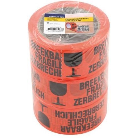 Raadhuis verpakkingstape - 50mmx66m - oranje - breekbaar - 3 rol - RD-351159-3