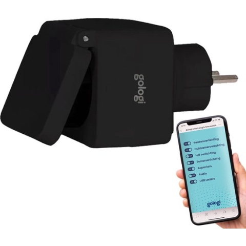 Gologi Slimme stekker buiten - Smart plug - IP44 - Tijdschakelaar & Energiemeter - WIFI - Google Home & Amazon Alexa - Zwart