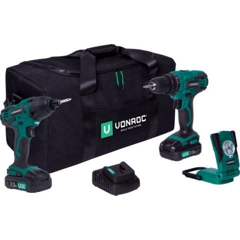 VONROC Gereedschap set VPower 20V – 2x 2.0Ah accu – 2 machines geleverd in handige gereedschapstas