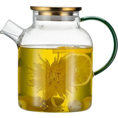 Theepot glas met uitneembare theezeef, 1,6 liter, glazen kruik met groene handgreep, borosilicaatglas, glazen kruik, karaf drankkan voor warm koud water, ijsthee, wijn, koffie, melk en sap