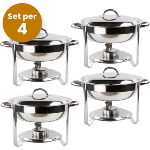 Alora chafing dish rond 4.5L per 4 - geschikt voor soep - buffet - Set van 4 - voedsel verwamer - voedsel warmhouden - met deksel - buffetwarmer - roestvrij staal - 4.5 liter inhoud - warmhoudplaat - bain maria - warmhoudbakken - Warmhoudschalen