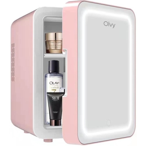 Olvy Skincare Fridge - Mini Koelkast - Skincare Koelkast - Met Spiegel en Verlichting - Make-up Koelkast - Roze - Cosmetica - 4 Liter