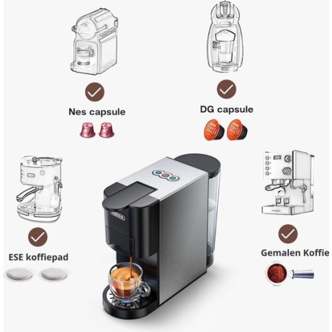 Happyment 4 in 1 Koffiemachine - Koffiezetapparaat - Koffie Automaat - Automatisch - Nespresso - Dolce Gusto - Koffiepoeder - Koffiepads - Met Capsulehouder & Melkopschuimer