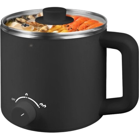 Multifunctionele Elektrische Hot Pot – Pan - 1,6 liter - Draagbare Snelkoker voor Soep, Ramen, Pasta, Havervlokken, Eieren - Krachtig 250W/600W - Antiaanbaklaag - Compact Zwart Ontwerp