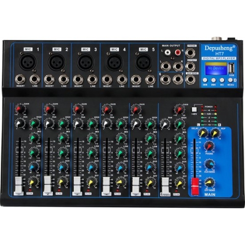 HT7 Draagbare bluetooth-audio-mixer mengpaneel met USB-DJ-sound-mengconsole, MP3-aansluiting, 48 V, power, 7-kanaals band, audiomixer mengpaneel