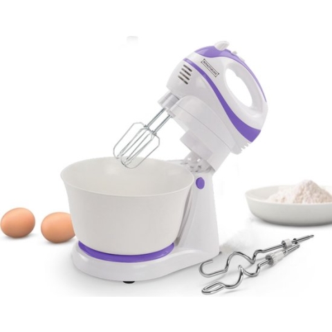 Royalty Line® HMS250T Handmixer Met Mengkom - 2 in 1 Keukenmixer Met Kloppers en Deeghaken - 300W - 2.5 Liter Mengkom - Wit/Paars