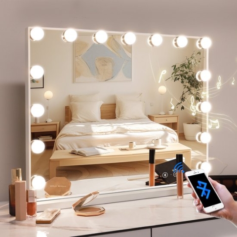 FENCILIN Hollywood make-upspiegel - Met slimme muziek Bluetooth/USB oplaadpoort - Drie touchscreen dimmodi met 15 LED lampen - 10x vergroting detail make-up spiegel - Het beste cadeau - Desktop wandmontage 58CMX46CM wit