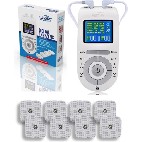 Kluvaro KRES100B Tens Apparaat - Elektrodentherapie Apparaat (3 in 1) voor Spierstimulatie (EMS) Pijn Therapie (TENS) en massage - 12 programma's - incl. 8 Elektroden