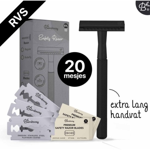 Bamboozy Safety Razor RVS + 20 scheermesjes Mat Zwart unisex mannen vrouwen Double Edge Single Blade Zero Waste Duurzaam Scheren