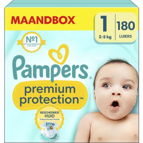 Pampers Premium Protection - Maat 1 (2-5kg) - 180 Luiers - Maandbox