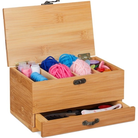 relaxdays naaidoos - naaikistje - opbergbox voor naaigerei - bamboe - zonder inhoud - hout