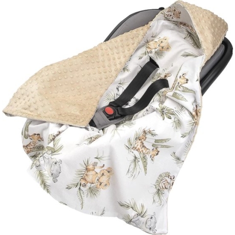 Wikkeldeken, 100% katoen, 85 x 85 cm, knuffeldeken voor kinderwagen, babyzitje, universeel, babydeken, dubbelzijdig babydeken, buggy, autostoel, safari met beige minky