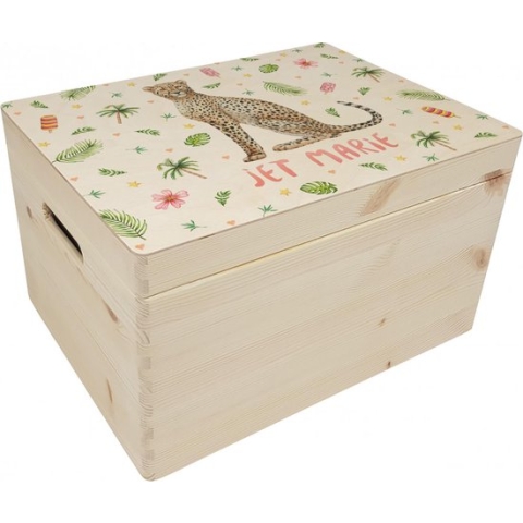 World of Mies memorybox cheetah met naam - Houten herinneringskist 30 x 40 x 23 cm - met handvaten - hoogwaardige kleurenprint in het hout - handgeschilderd design door Mies