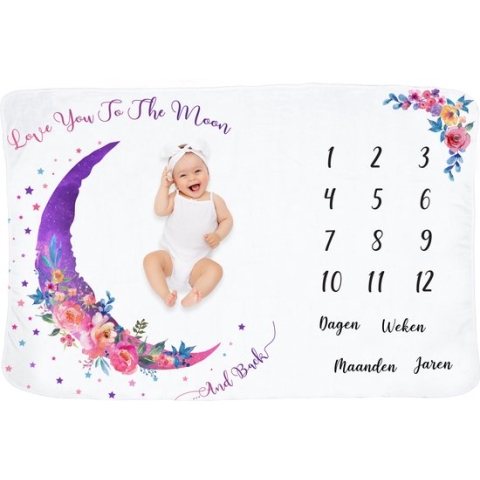 Frummel Mijlpaaldeken ‘Roze Maan’ – Milestone deken – Mijlpaal baby – Kraamcadeau Jongen – Kraamcadeau Meisje – Baby Shower Cadeau – Baby Cadeau – Mijlpaaldeken in het Nederlands – Moederdag cadeau - 100 x 150 cm