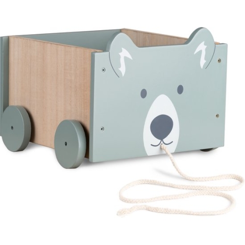 Navaris houten speelgoedkist op wielen - Opbergbox voor speelgoed - Inclusief trektouw - Beer - 26,4 x 25,8 x 20 cm - Petrol