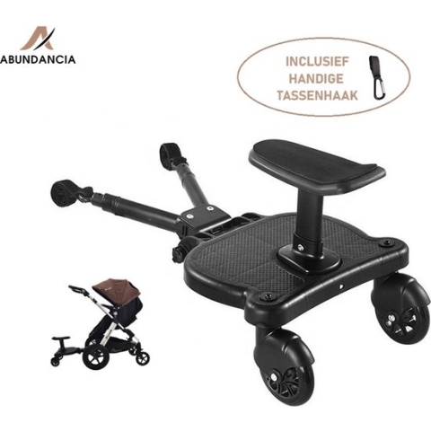 Abundancia® - Universeel Kinderwagen/Buggy Meerijdplankje - Nu met tassenhaakje t.w.v. 8,95 - Incl. Zitje - Verstelbaar - Zwart