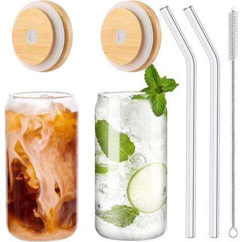 Bubble tea kopjes met deksel en rietje set van 2, drinkglazen met bamboe deksel en glazen rietje, ijskoffieglazen voor ijskoffie, cocktail, smoothieglas, bier, koude kopjes 480ML