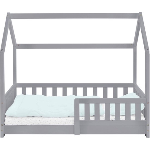 Kinderbed met uitvalbeveiliging lattenbodem en dak 70x140 cm Lichtgrijs grenenhout ML-Design