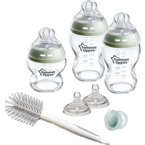 Tommee Tippee Closer to Nature - glazen flessen starterpakket voor pasgeboren baby's - tepelspenen met anti-koliek ventiel - gemengde maten - doorzichtig - groente