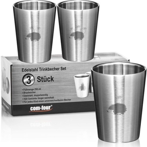 3 x roestvrijstalen drinkbekers voor kinderen, thermodrinkbeker 250 ml, van roestvrij staal 304, onbreekbare campingbeker, dubbelwandige isolatiebeker, BPA-vrij, (egel, 3 stuks)