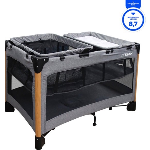 Deryan Luxe Campingbed Compleet - 120x70cm - Bodemverhoger - Verschoonblad - Opbergmand - Grijs