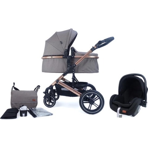 Pixini NEYLA 3 in 1 Wandelwagen, Trio, Kind, Autostoel, Accessoires (Goud/Bruin)