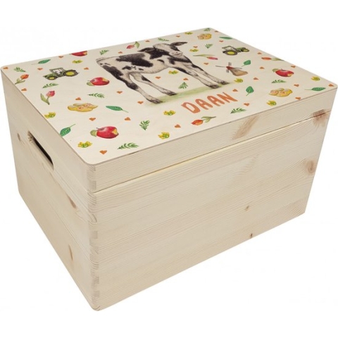 World of Mies memorybox kalfje met naam - Houten herinneringskist 30 x 40 x 23 cm - met handvaten - hoogwaardige kleurenprint in het hout - handgeschilderd design door Mies