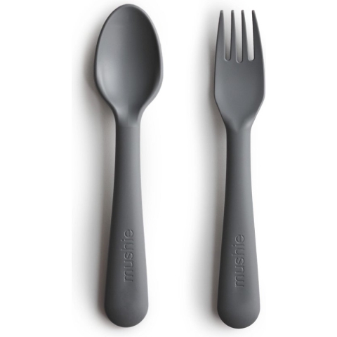 Siliconen bestek - Mushie - BPA vrij - Set 2 vork & lepel - Smoke / antraciet