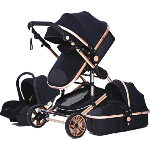 Hoobi® Luxe kinderwagen 3 in 1 - Buggy - Kinderwagen met stoel en wieg – Wandelwagen - Hoge Kwaliteit – Zwart/Goud