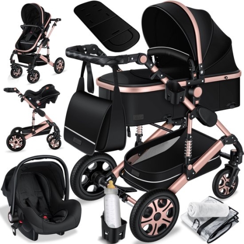 KESSER® Kinderwagen 3 in 1 Loops Wandelwagen Set incl. Autostoel & Reiswieg & Buggy Sportzitje - Massieve Rubberbanden - Luiertas / Regenhoes - Zwart / Roségoud