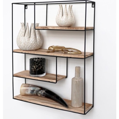 Zwart metalen wandrek industrieel met 4 houten plankjes - Rechthoek - 55x45x11 cm