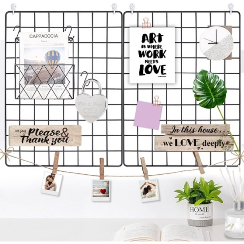 ACAZA Set van 2 Stevige Metalen Wandrekken met Haken en Clips, Decoratierek, Memobord, Zwart