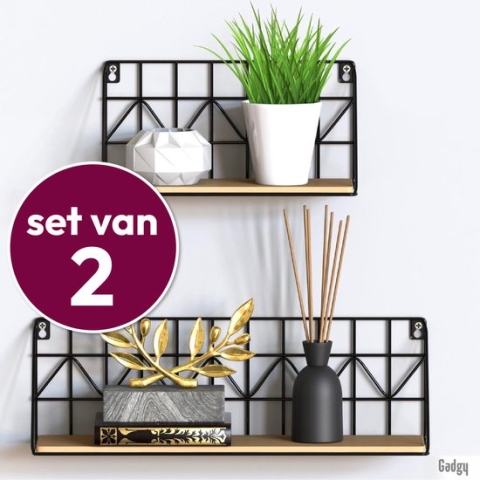 Gadgy Wandrekken Industrieel - Set van 2 - Wandrek Zwart met Hout - Wanddecoratie Woonkamer - Muurdecoratie Metaal - Wandplank zwevend voor Slaapkamer - Boekenrek – 30 en 45 cm