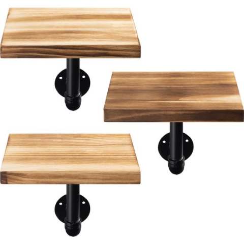 Navaris wandplank - Set van 3 - Rechthoekige wandplanken van hout - Met industriële metalen pijp - Planken voor aan de muur - 20 x 15 x 2 cm - Bruin