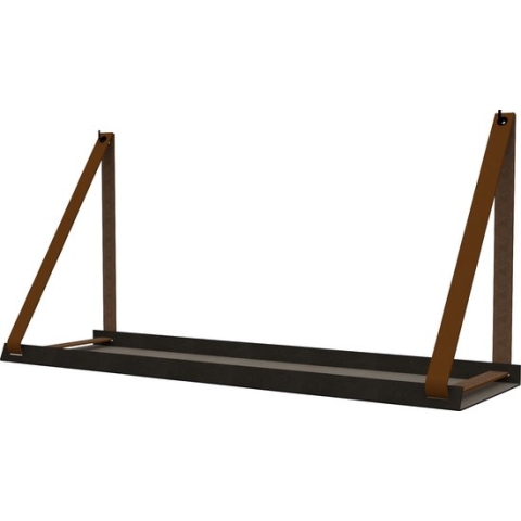 Handles and more - Stalen wandplank zwart 70cm + leren plankdragers Lichtbruin