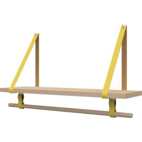 Plankje Roe 98cm - Handles and more® | GEEL (Complete set: leren plankdragers + plank eikenhout + roede)