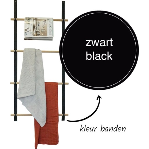 Wandladder 57cm  - Zwart Leer / rondhout |  by Handles and more & Woetwurm