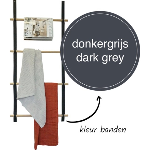 Wandladder 57cm  - Donkergrijs Leer / rondhout |  by Handles and more & Woetwurm